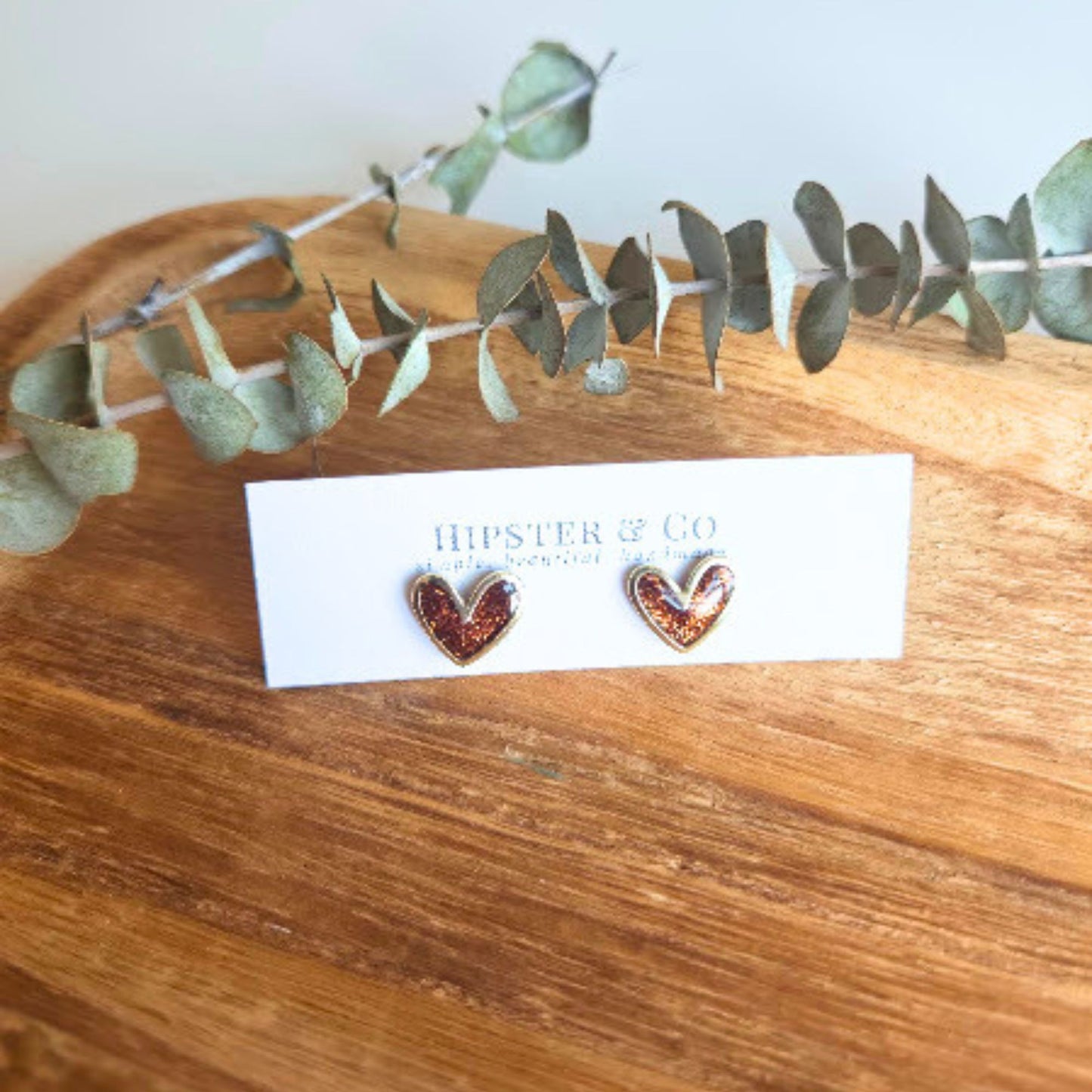 Espresso Glitter Polymer Clay and Brass Heart Stud Earrings