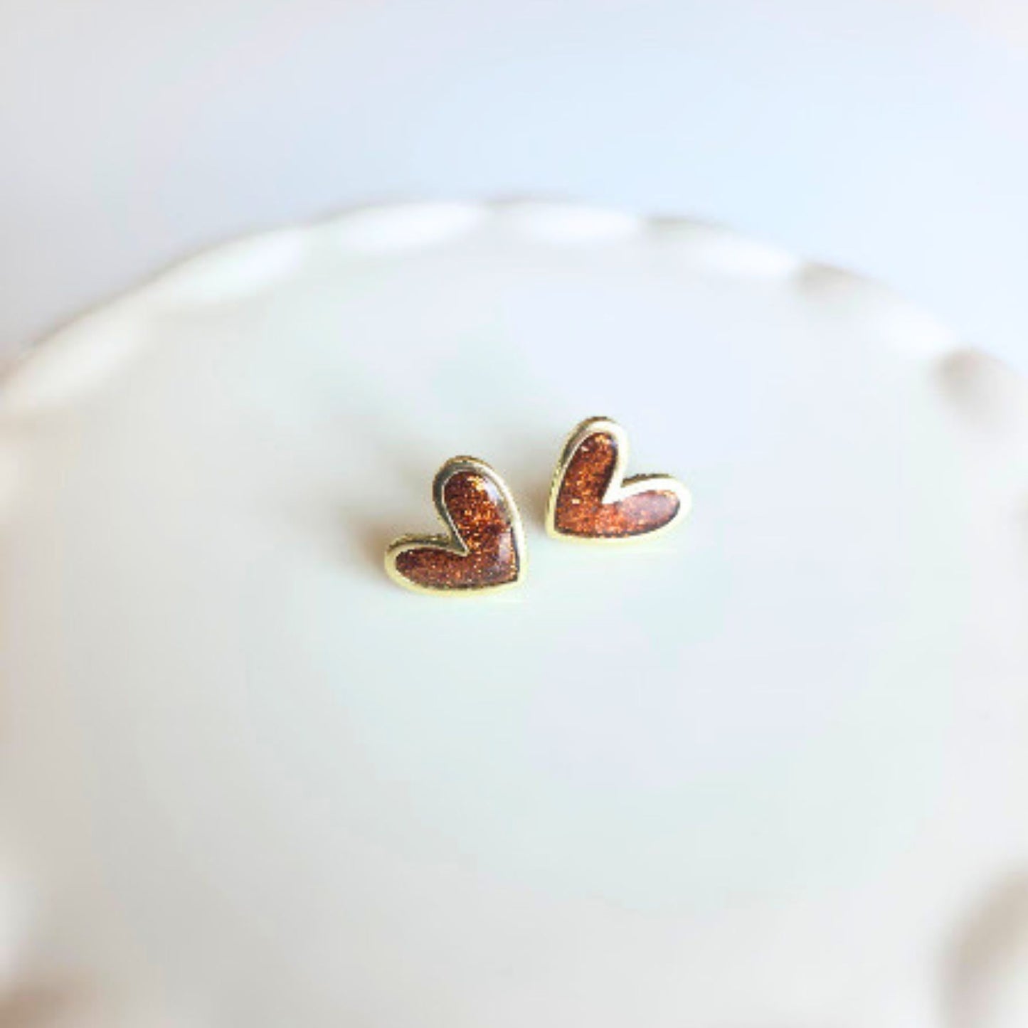 Espresso Glitter Polymer Clay and Brass Heart Stud Earrings