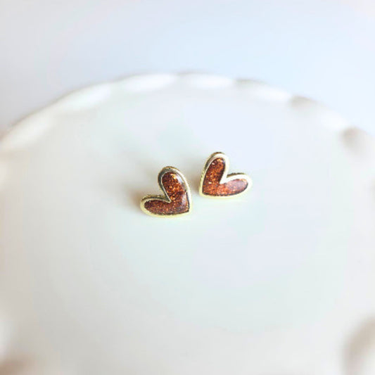 Espresso Glitter Polymer Clay and Brass Heart Stud Earrings