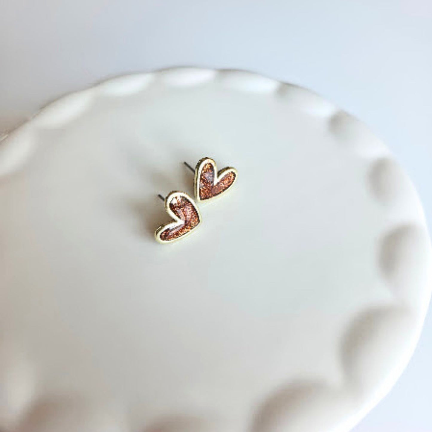 Espresso Glitter Polymer Clay and Brass Heart Stud Earrings