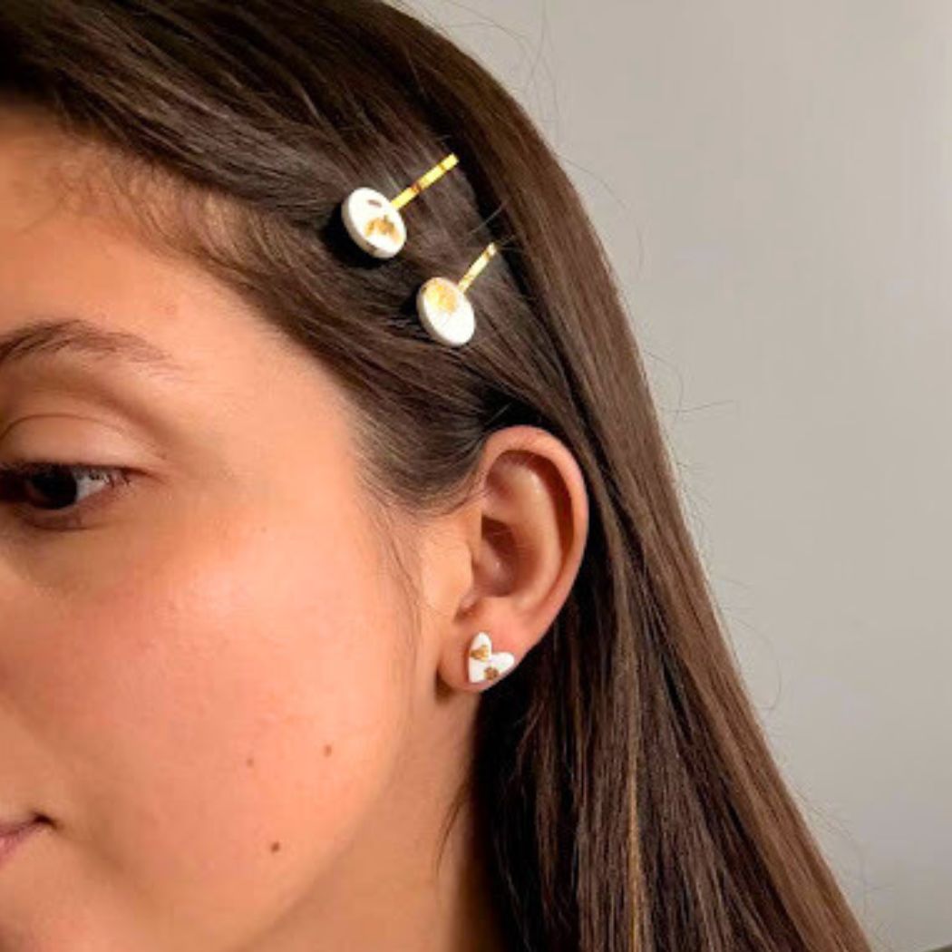 Fuchsia and Gold Heart Stud Earrings