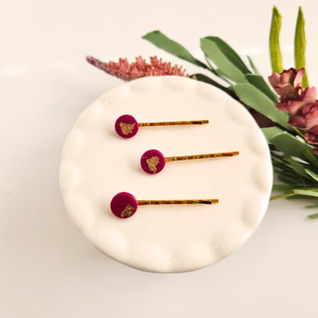 Fuschia and Gold Polymer Clay Hair Pin Set