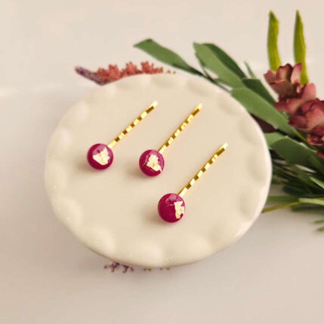 Fuschia and Gold Polymer Clay Hair Pin Set