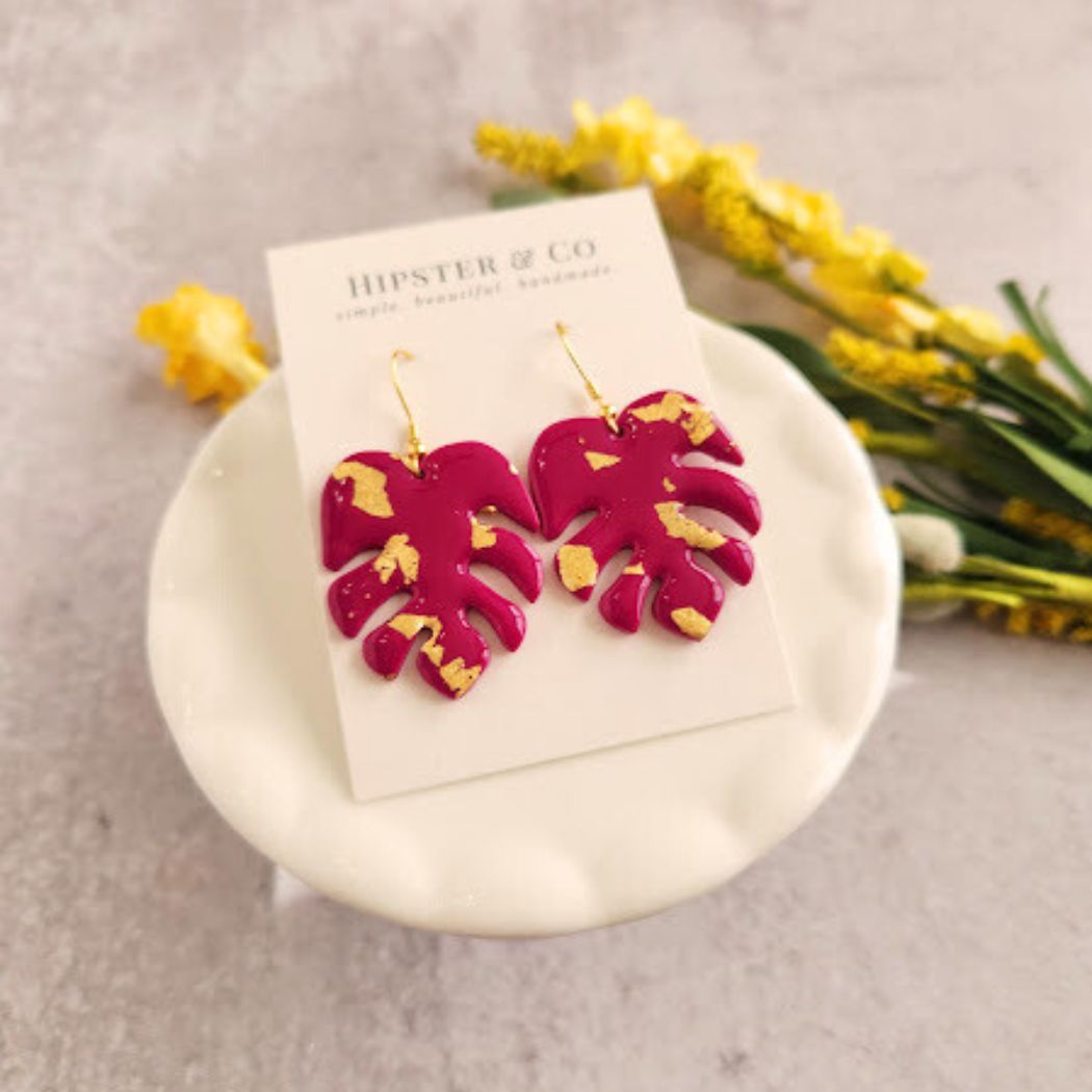 Fuschia Monstera Leaf Earrings