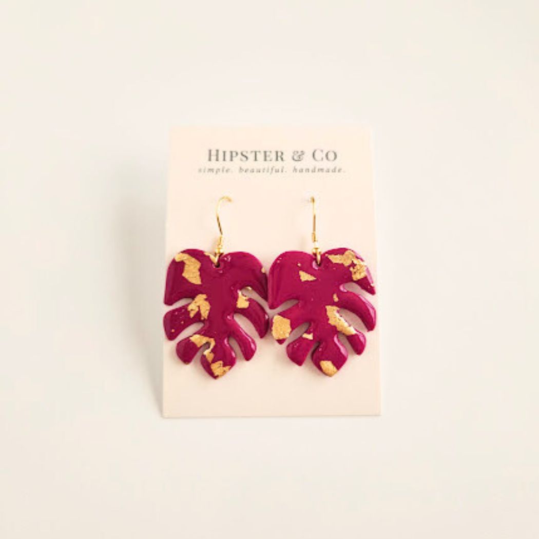 Fuschia Monstera Leaf Earrings