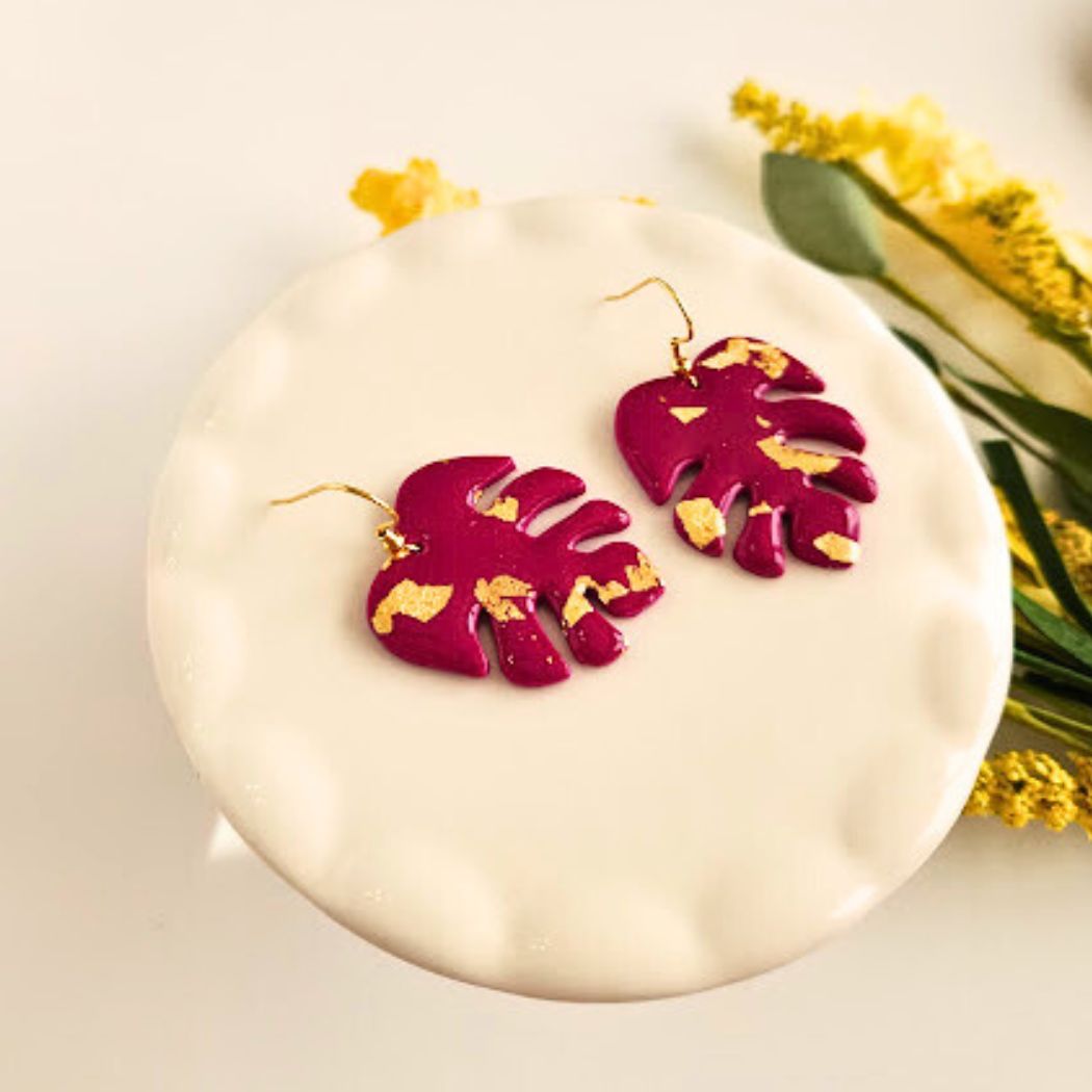 Fuschia Monstera Leaf Earrings