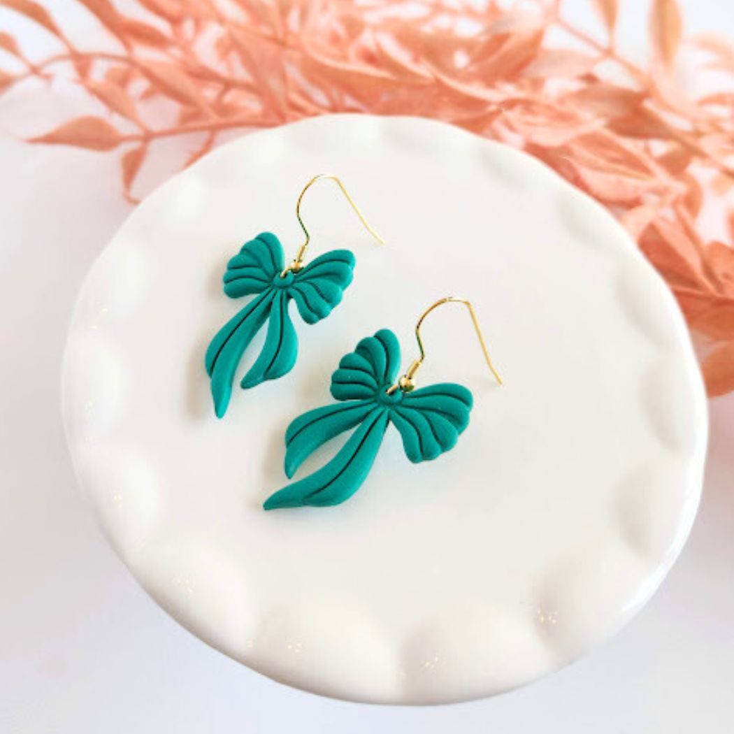 Green Bow Polymer Clay Dangle Earrings