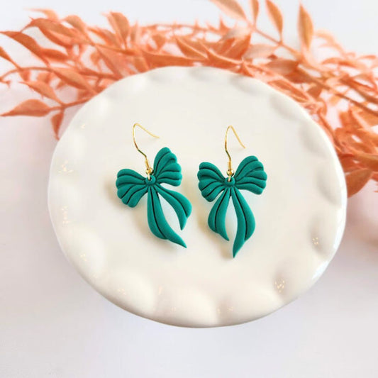 Green Bow Polymer Clay Dangle Earrings