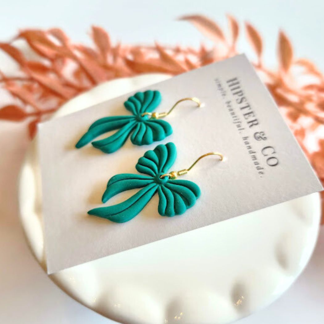 Green Bow Polymer Clay Dangle Earrings