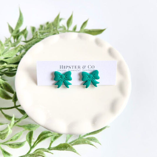 Green Bow Polymer Clay Stud Earrings