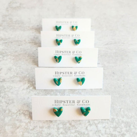 Green and Gold Heart Stud Earrings