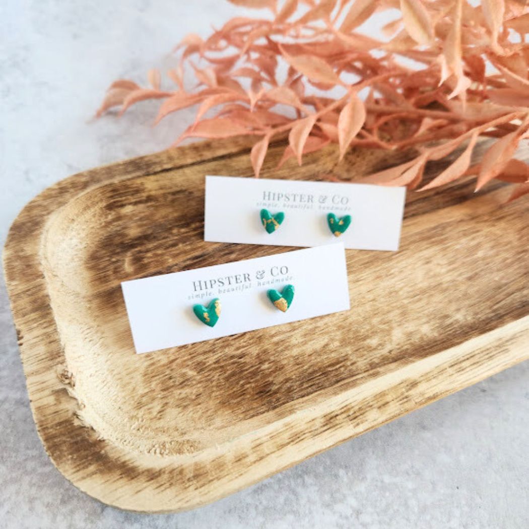 Green and Gold Heart Stud Earrings