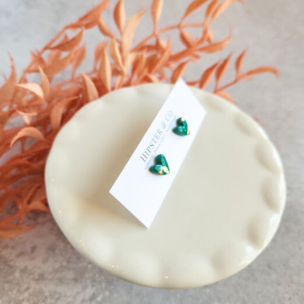 Green and Gold Heart Stud Earrings