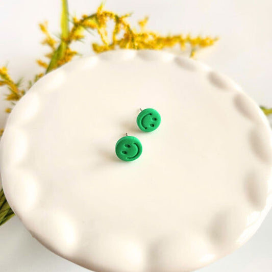 Green Happy Face Polymer Clay Stud Earrings