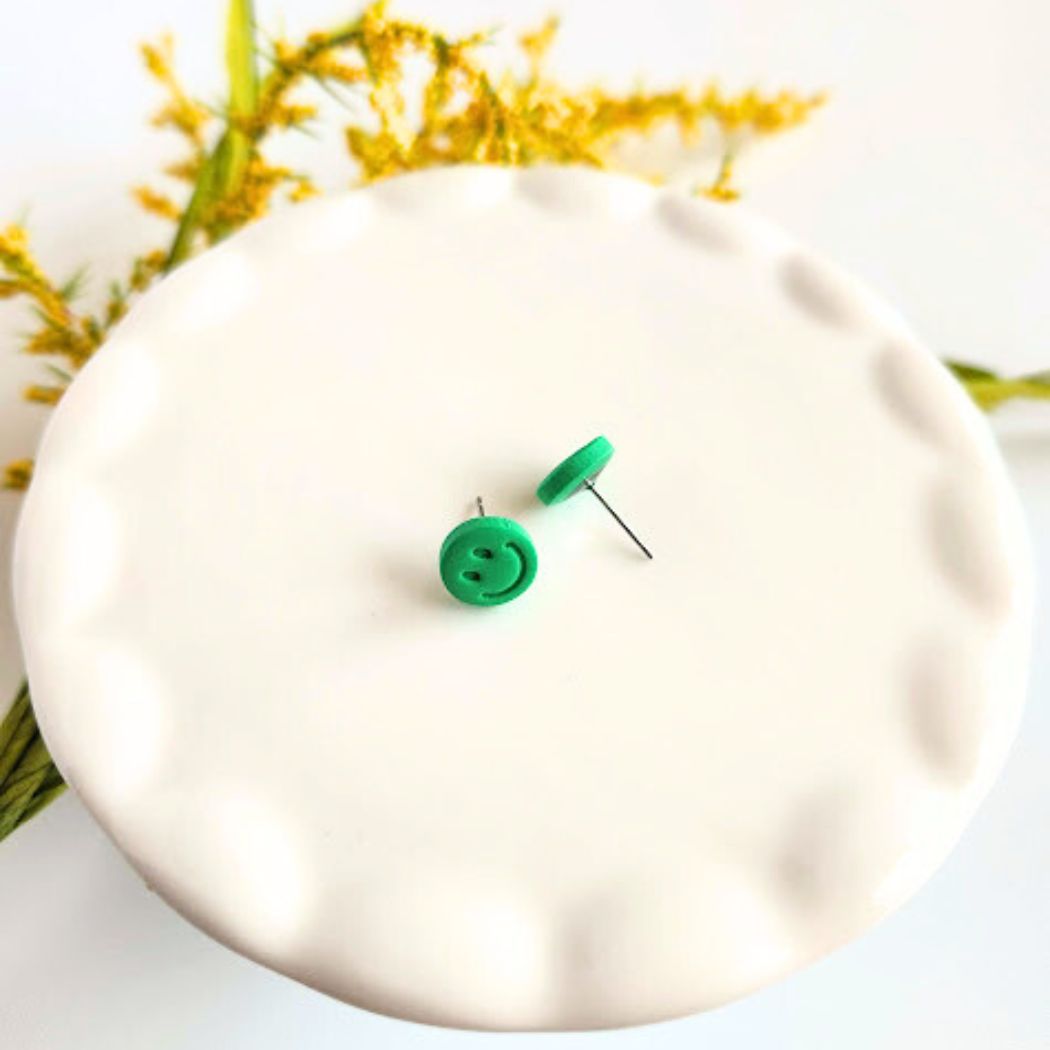 Green Happy Face Polymer Clay Stud Earrings