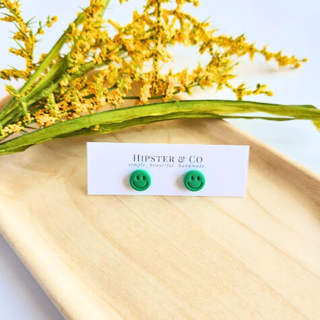 Green Happy Face Polymer Clay Stud Earrings