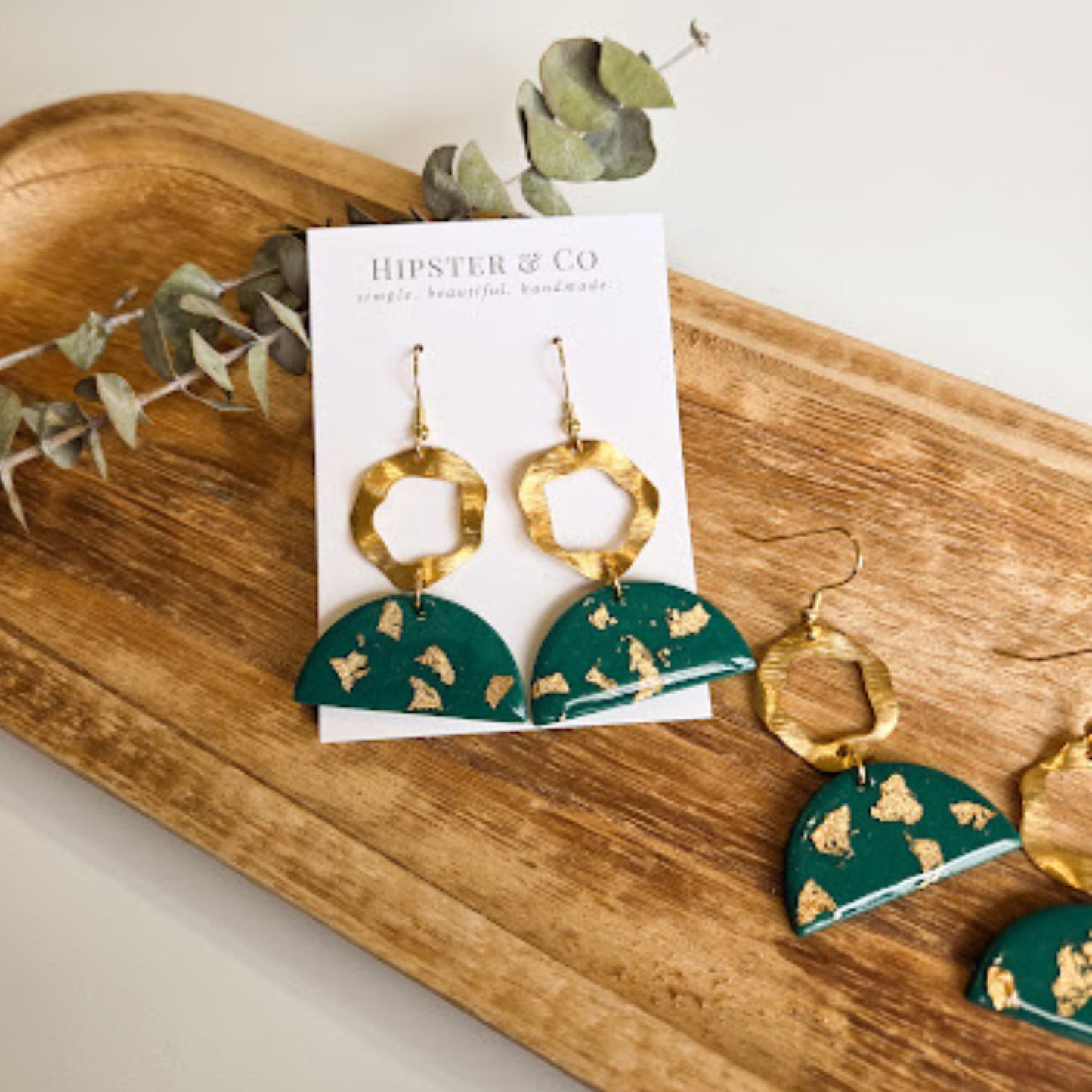 Green and Gold Polymer Clay Dangle Earrings