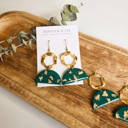 Green and Gold Polymer Clay Dangle Earrings