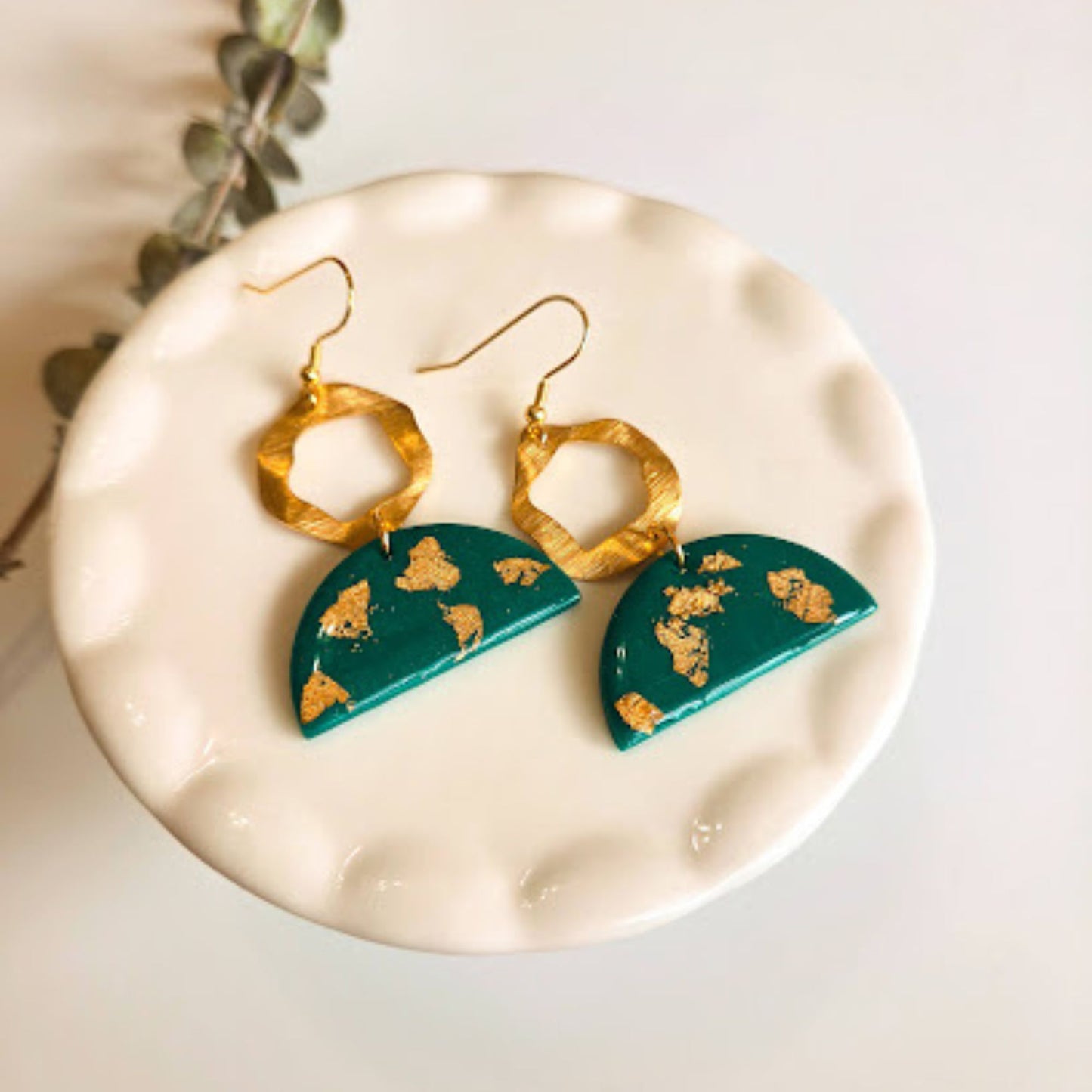 Green and Gold Polymer Clay Dangle Earrings
