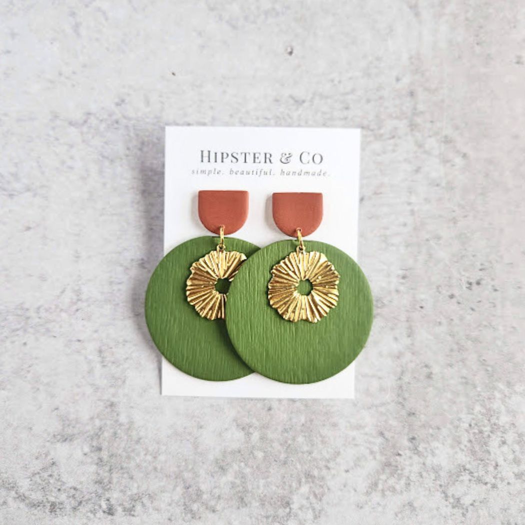 Green and Burnt Orange Geometric Dangle Earrings