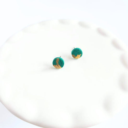 Green, Brown, and Gold Round Stud Polymer Clay Earrings