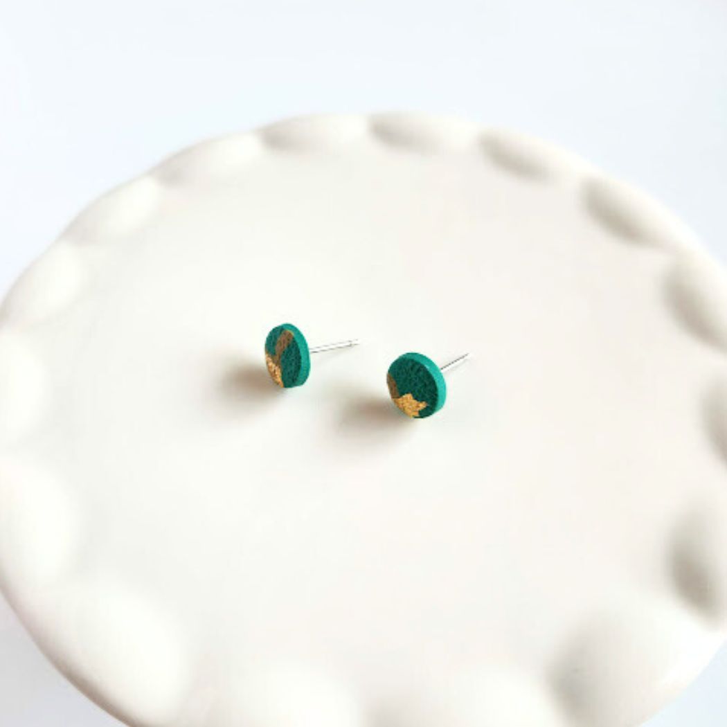 Green, Brown, and Gold Round Stud Polymer Clay Earrings