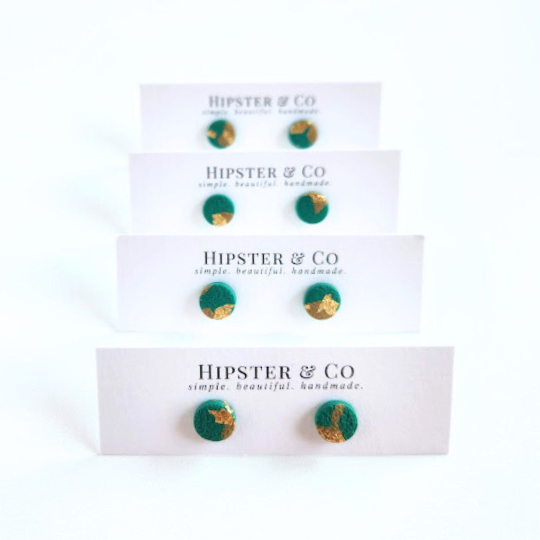 Green, Brown, and Gold Round Stud Polymer Clay Earrings