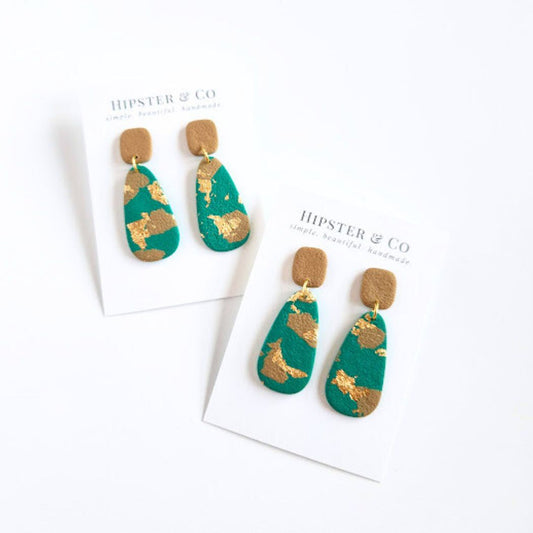 Green, Brown, and Gold Dangle Polymer Clay Earrings