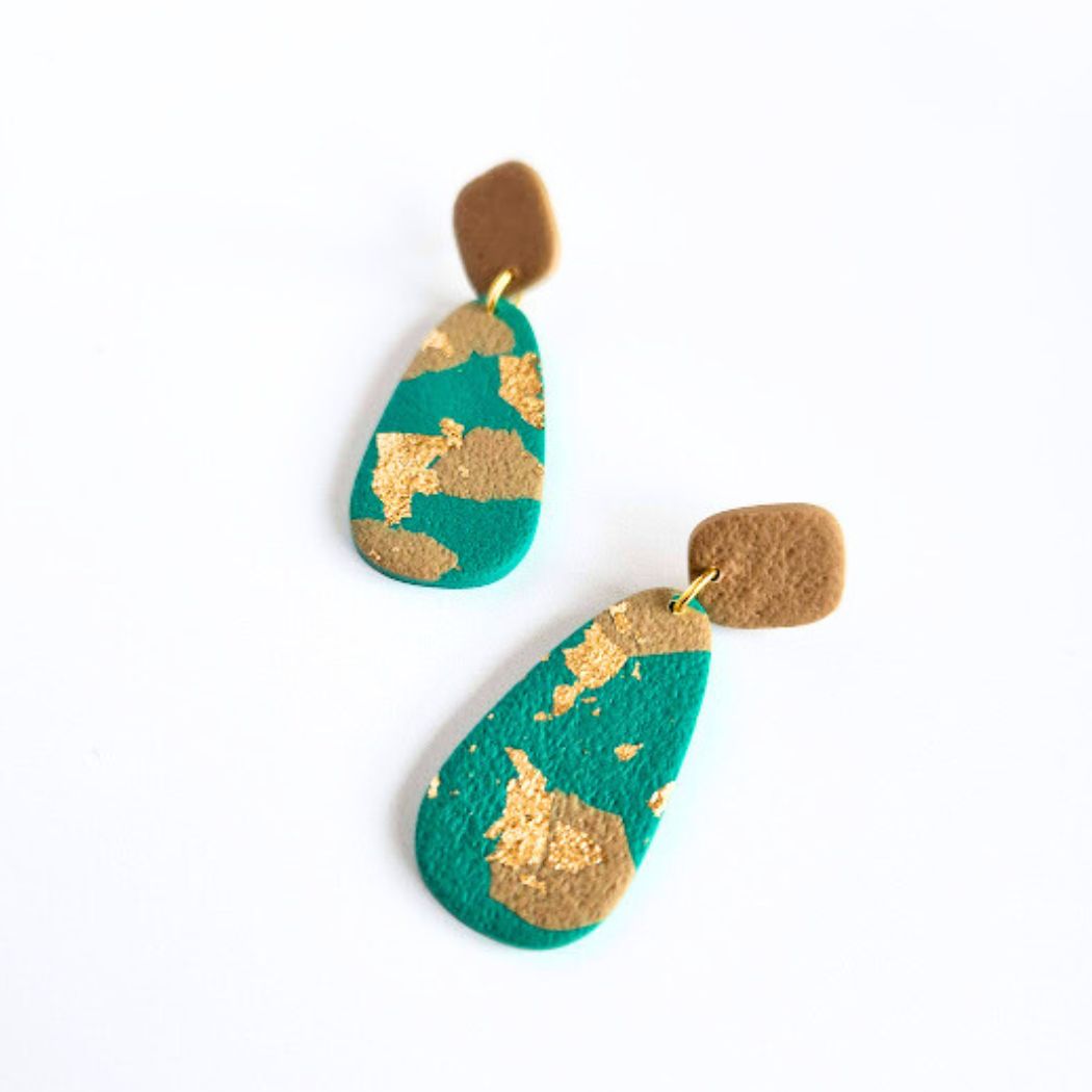 Green, Brown, and Gold Dangle Polymer Clay Earrings