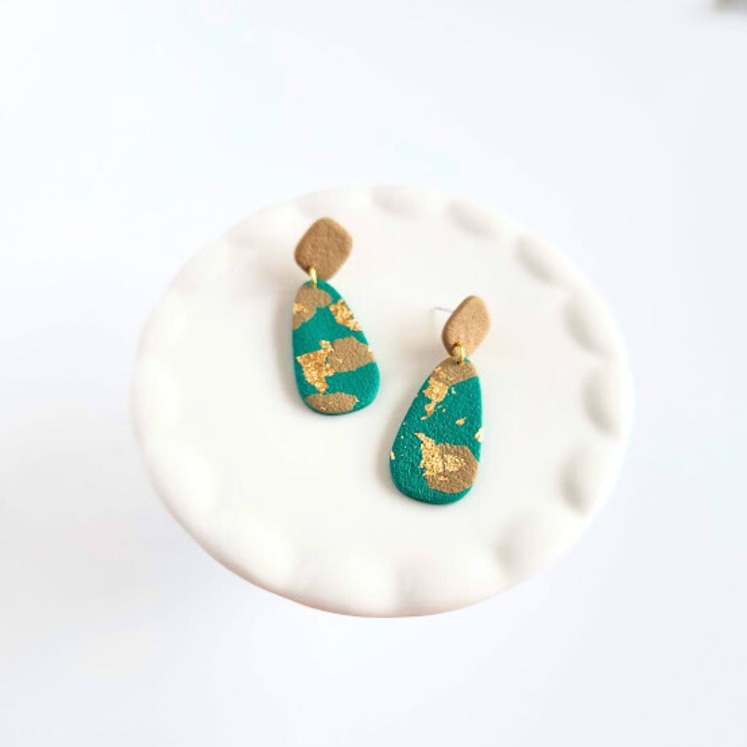 Green, Brown, and Gold Dangle Polymer Clay Earrings