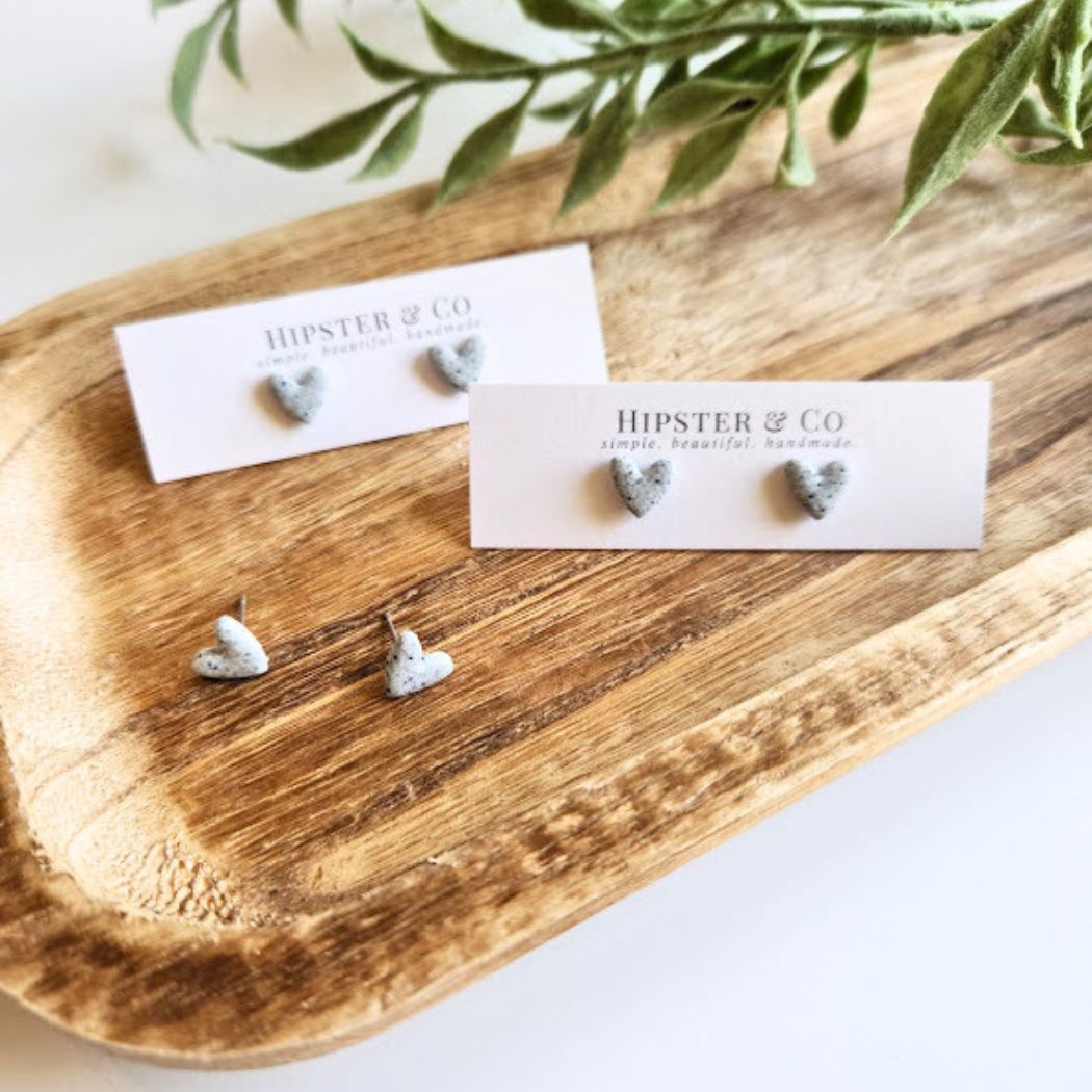 Grey Graphite Heart Stud Earrings