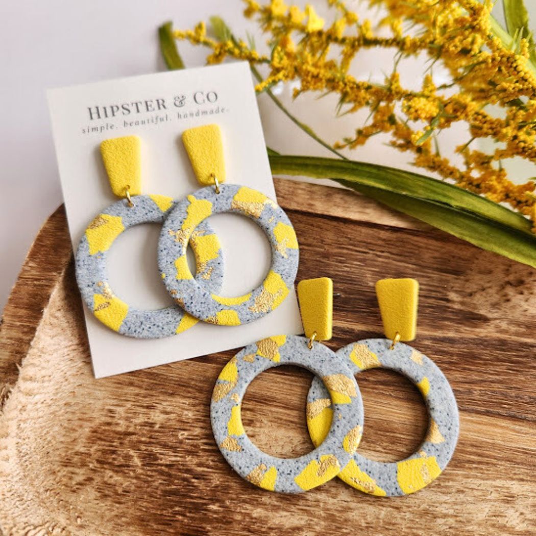 Grey, Yellow, and Gold Geometric Handmade Earrings