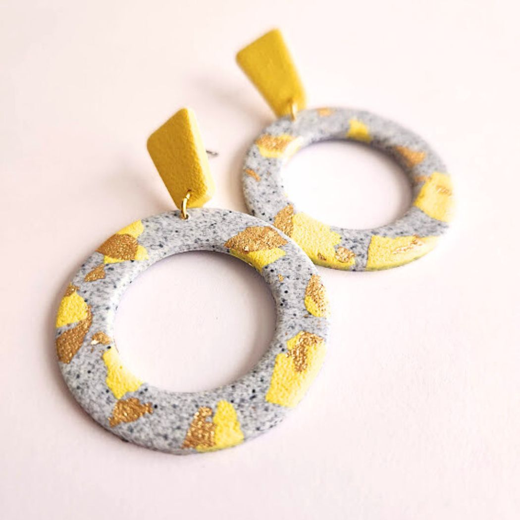 Grey, Yellow, and Gold Geometric Handmade Earrings