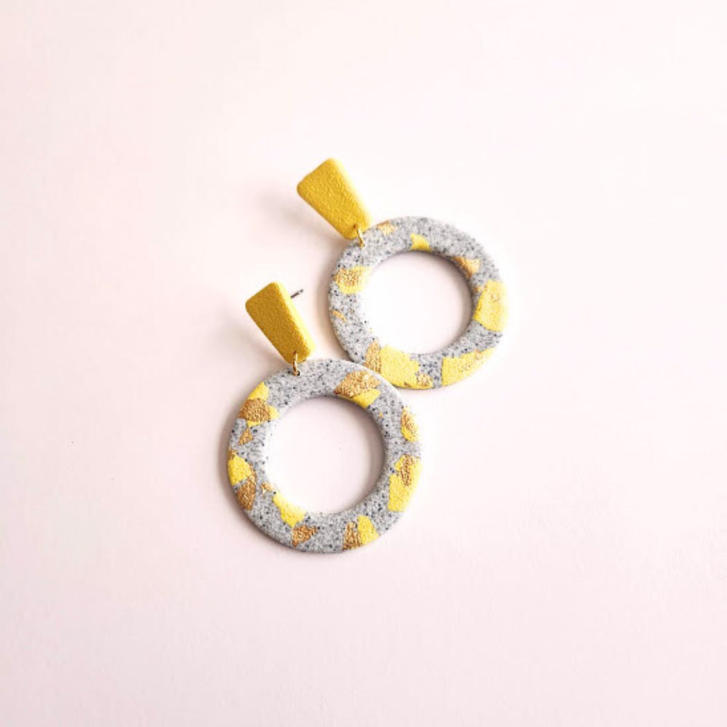 Grey, Yellow, and Gold Geometric Handmade Earrings