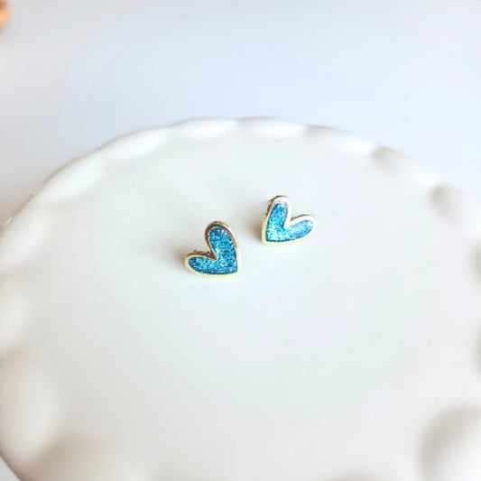 Light Blue Glitter Polymer Clay and Brass Heart Stud Earrings