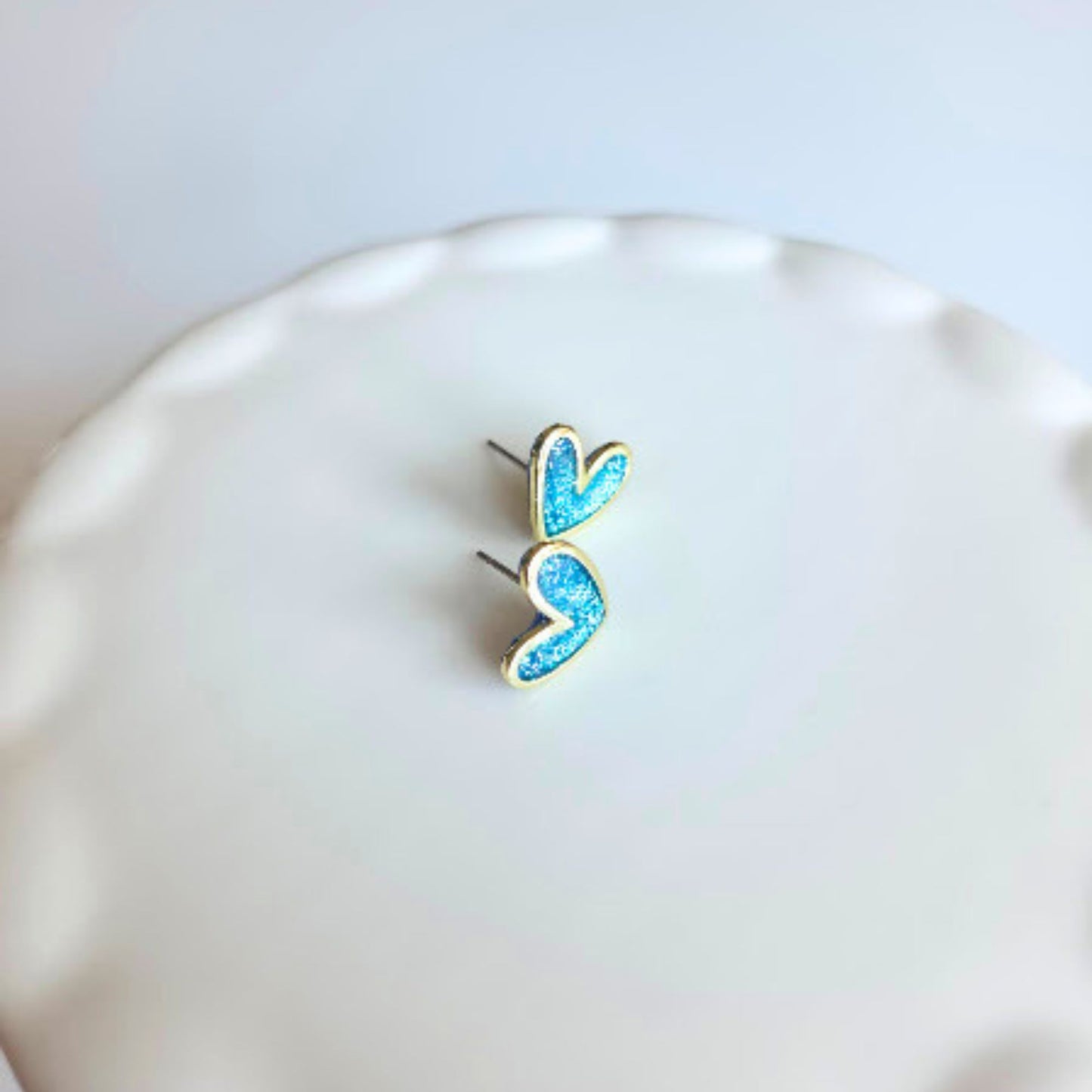 Light Blue Glitter Polymer Clay and Brass Heart Stud Earrings