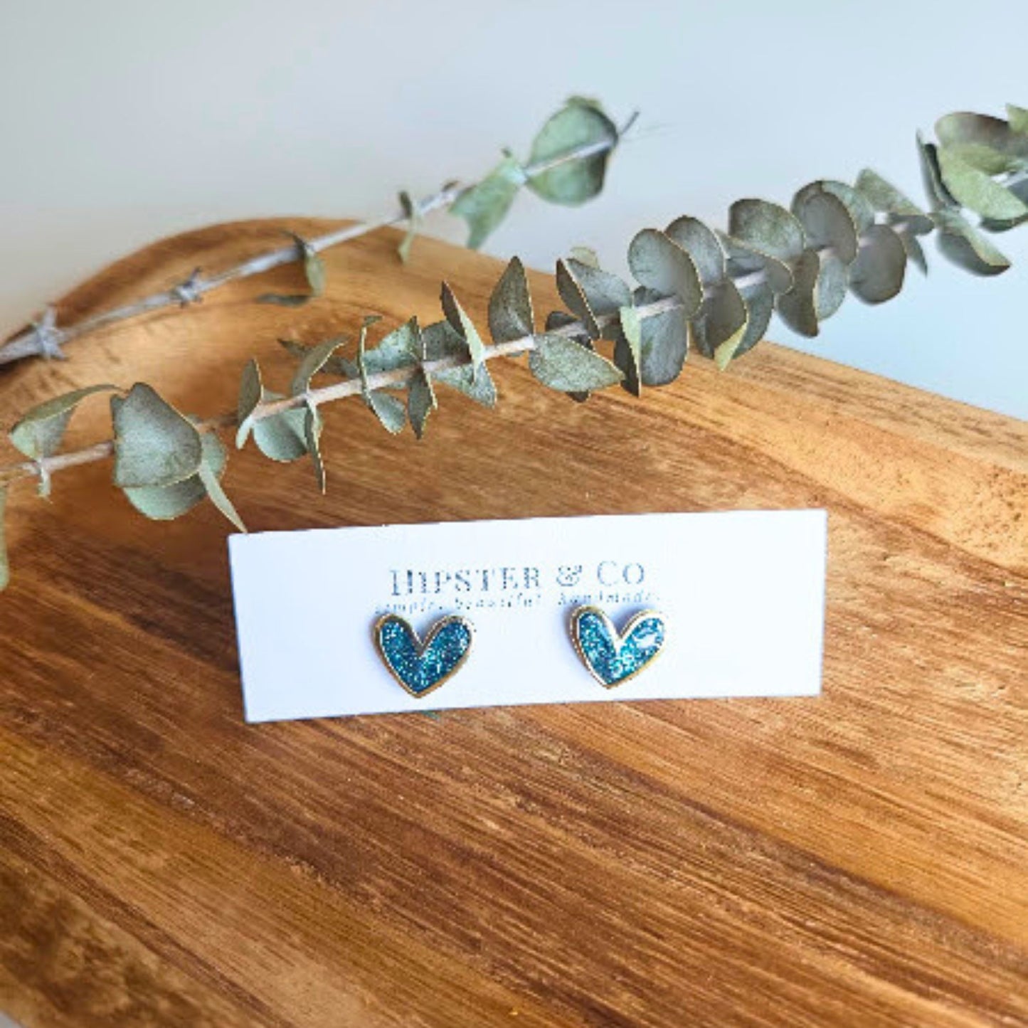 Light Blue Glitter Polymer Clay and Brass Heart Stud Earrings