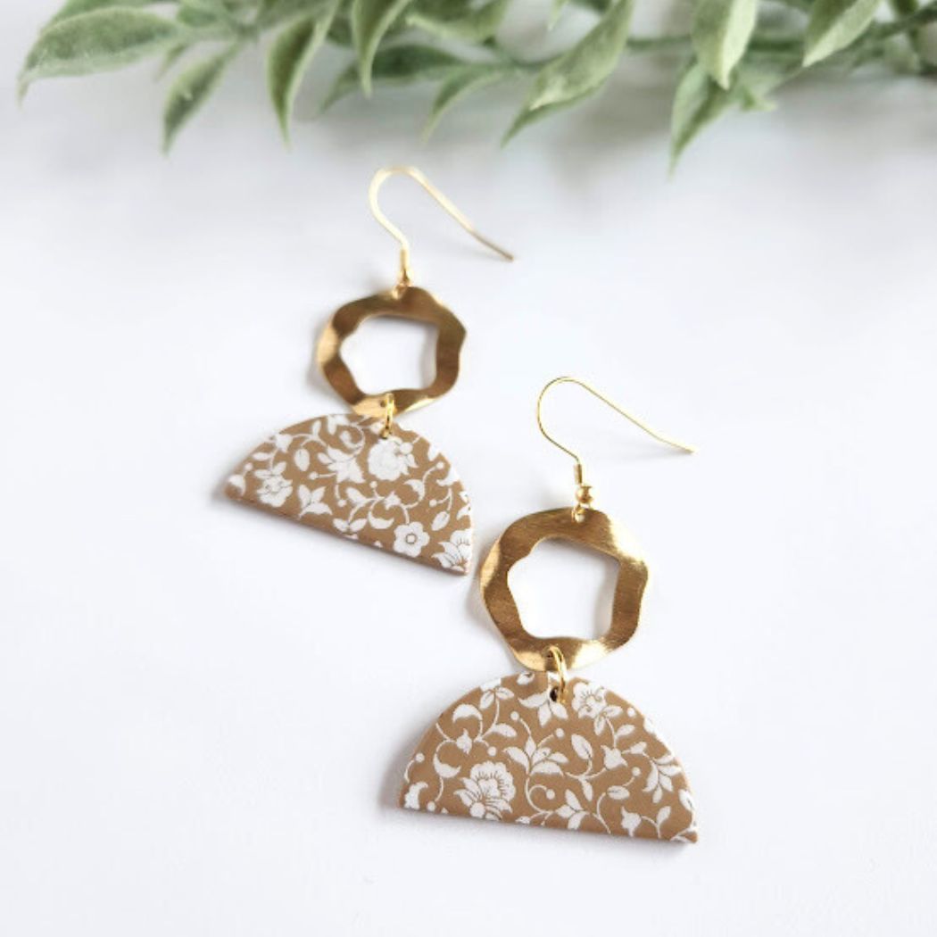 Brown and Gold Polymer Clay Earrings with a White Screen Print