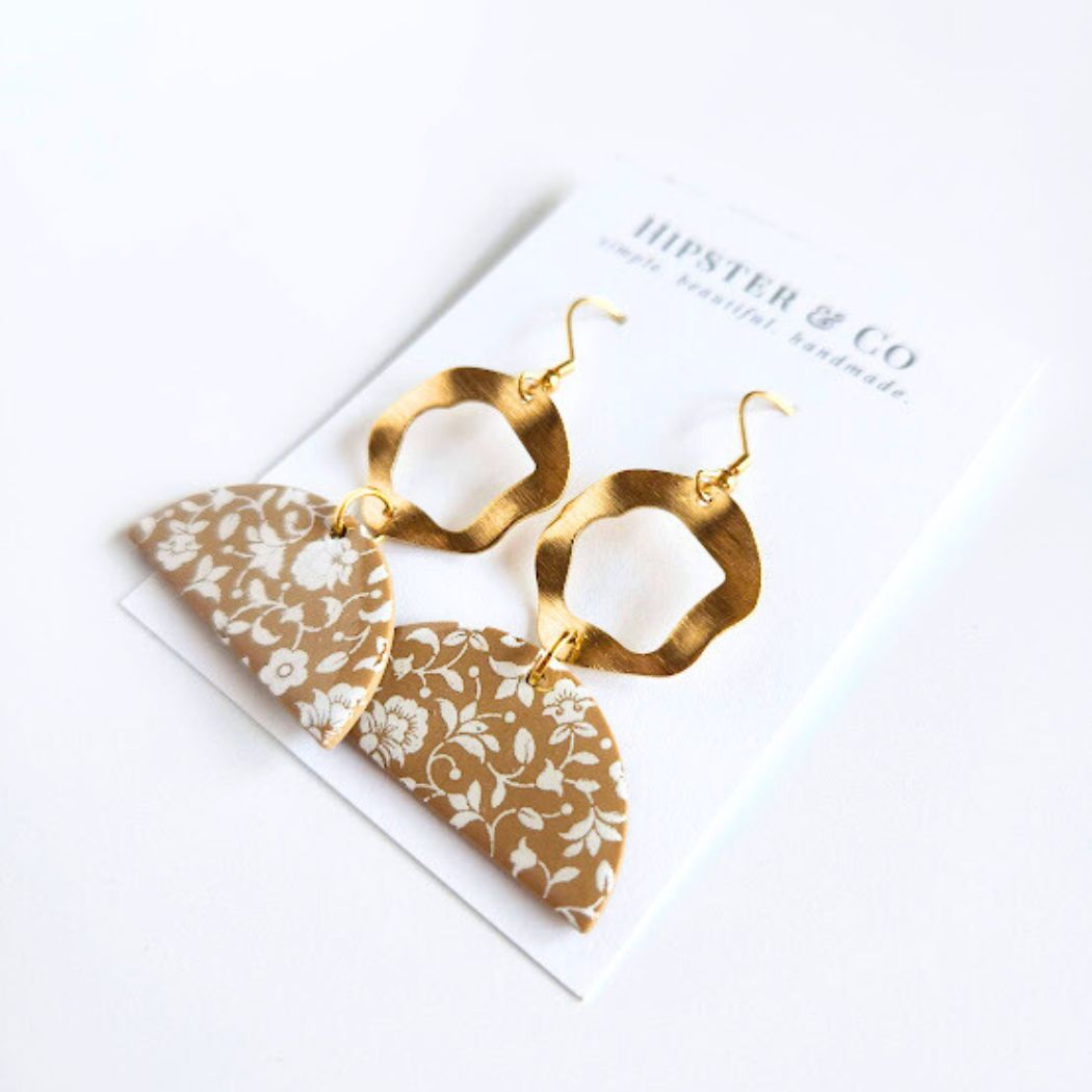 Brown and Gold Polymer Clay Earrings with a White Screen Print