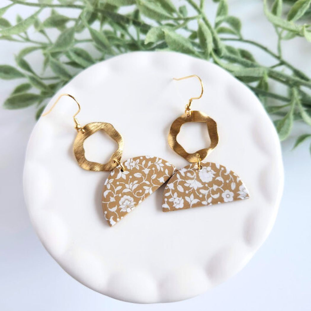 Brown and Gold Polymer Clay Earrings with a White Screen Print