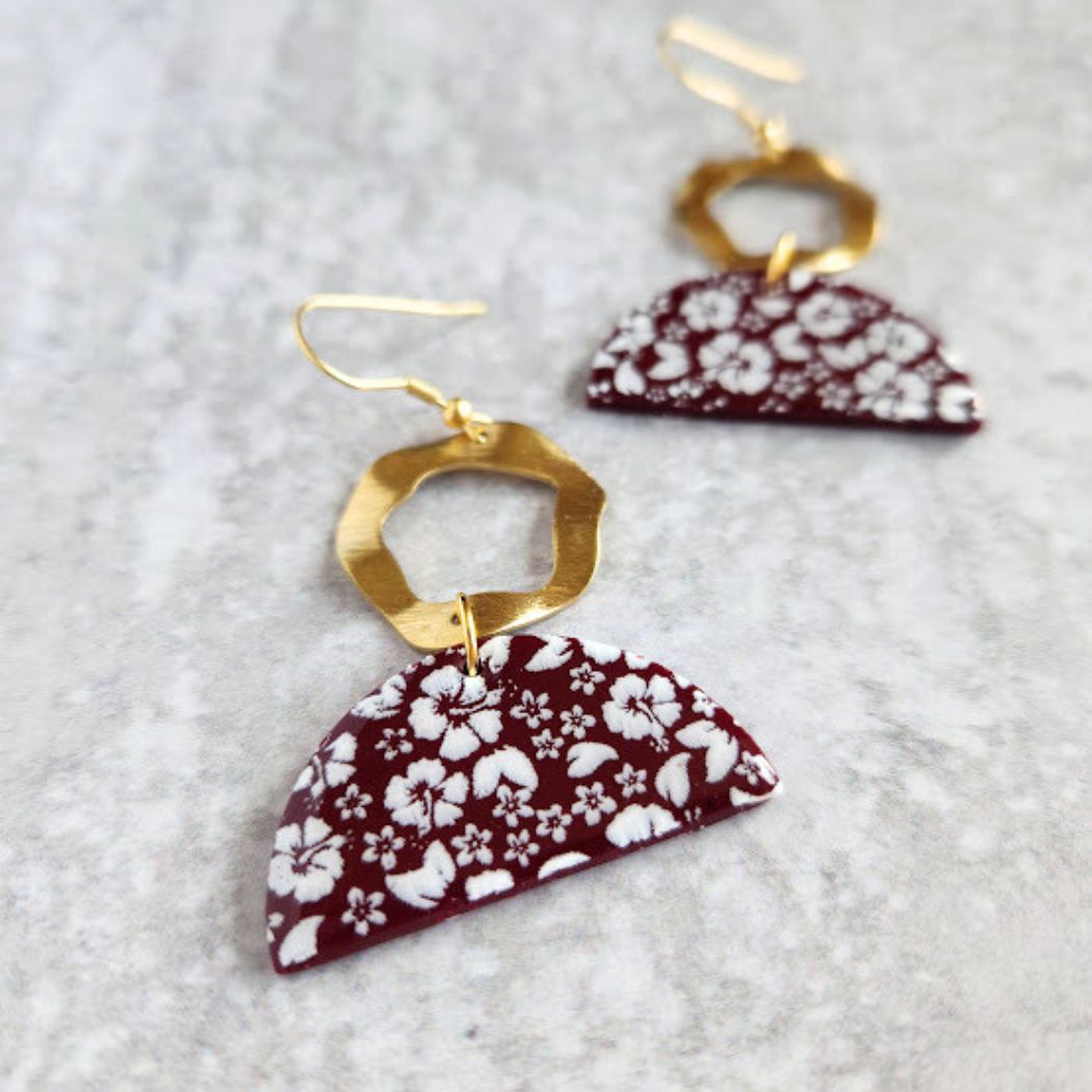 Burgundy and Gold Polymer Clay Earrings with a White Screen Print