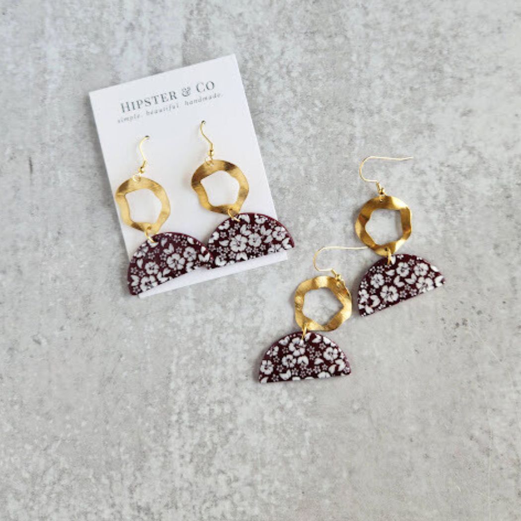 Burgundy and Gold Polymer Clay Earrings with a White Screen Print