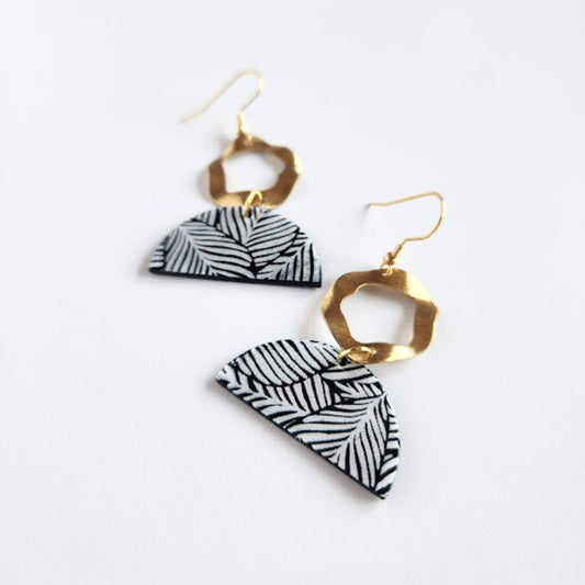 Black and Gold Polymer Clay Earrings with a White Screen Print