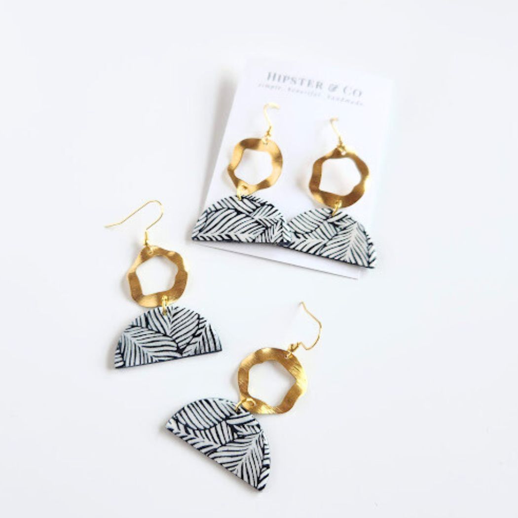 Black and Gold Polymer Clay Earrings with a White Screen Print