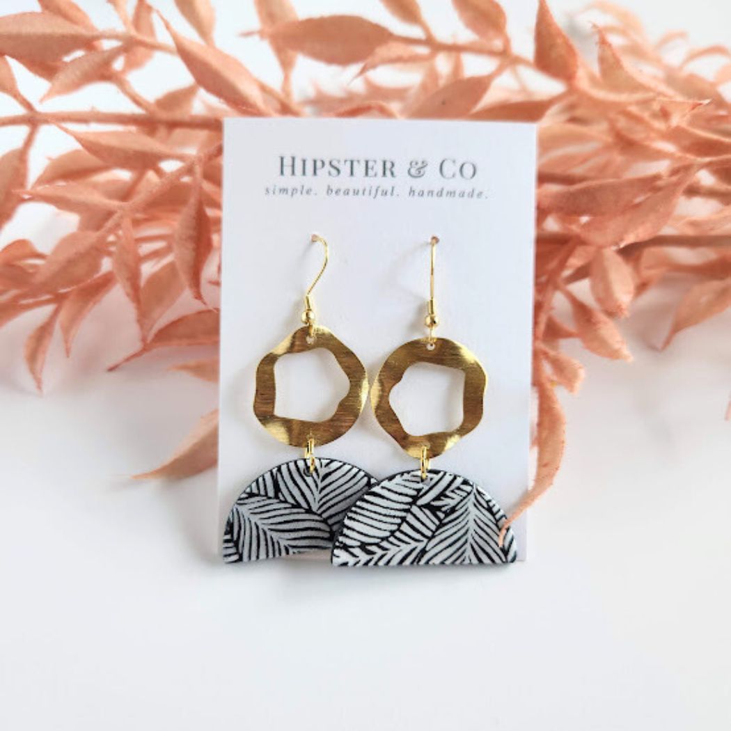 Black and Gold Polymer Clay Earrings with a White Screen Print