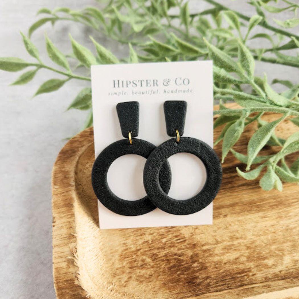 Black Geometric Polymer Clay Dangle Earrings