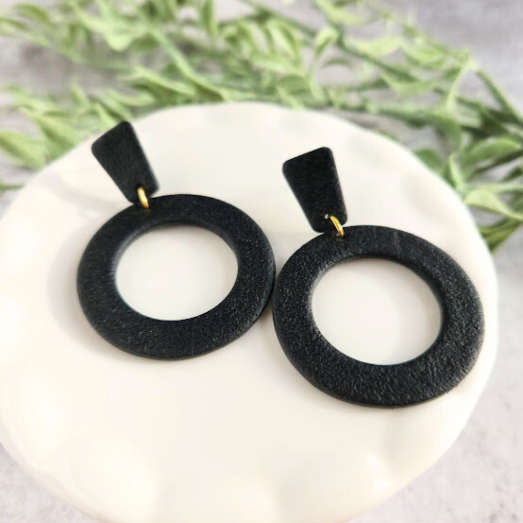 Black Geometric Clip-on Polymer Clay Dangle Earrings