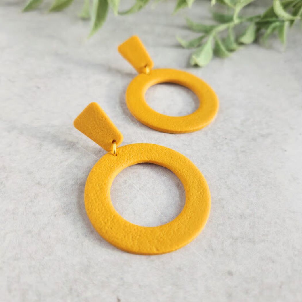 Mustard Yellow Geometric Clip-on Polymer Clay Dangle Earrings