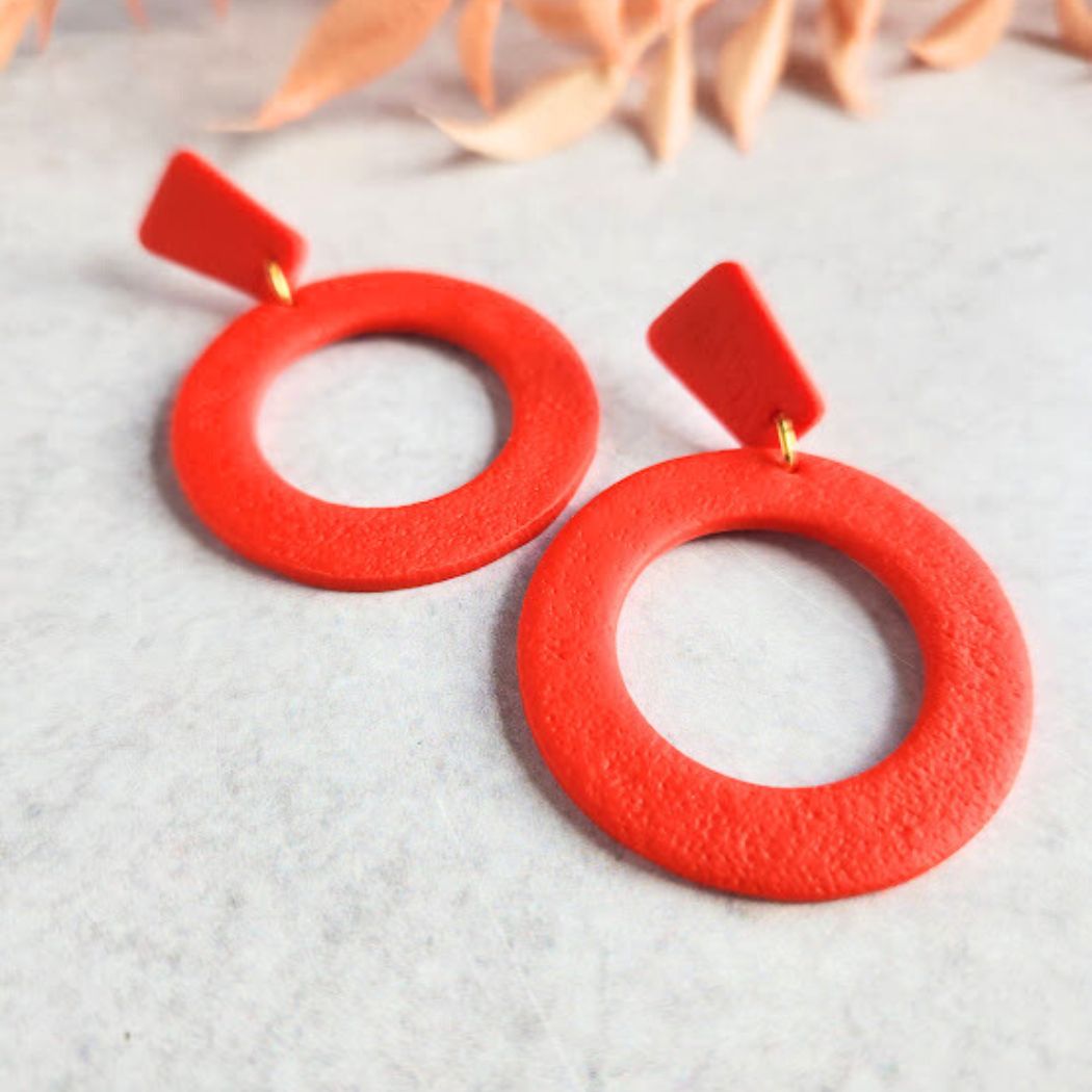 Red Geometric Polymer Clay Dangle Earrings