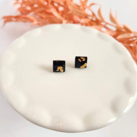 Black and Gold Square Stud Earrings